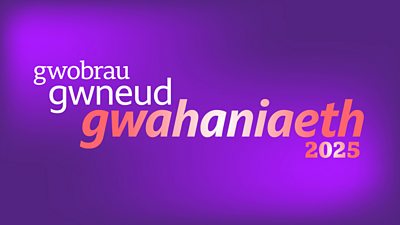 logo gyda cefndir porffor, a tecst pinc a gwyn ar gyfer y gwobrau