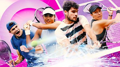 Key art for Queens tennis. Four pcitures of tennis players in action against a pink background