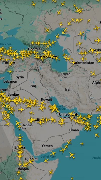 A map showing icons representing planes flying over the Middle East.