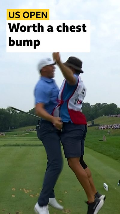Victor Perez and his caddy celebrate