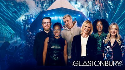 Glastonbury 2025 presenters Huw Stephens, Clara Amfo, Jack Saunders, Jo Whiley, Jamz Supernova and Lauren Laverne are pictured set against a backdrop of a crowd at Glastonbury's Pyramid Stage