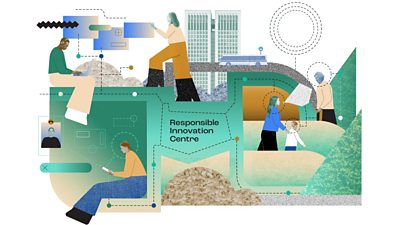 An illustrated montage of scenarios in society - a person on their laptop, a person on their phone, a parent and child, an elderly person, a person operating a touchscreen.  There are suggestions of communications floating all around the image, signals, text messages, and connections. In the centre of the image are the words Responsible Innovation Centre.