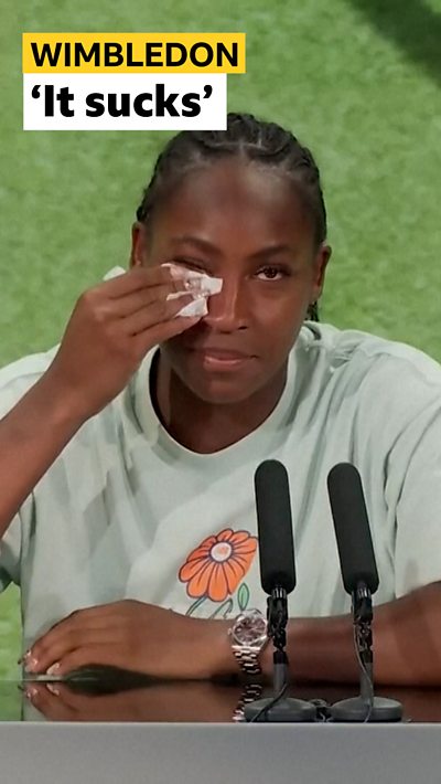 Coco Gauff reacts to exiting the 2025 Wimbledon Championships
