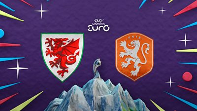 The football badges of Wales and Netherlands side by side, a dragon and a lion