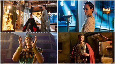 A collage of four stills from the drama. The top left image is Yuya Sato as Shogun. Three men are in a room, one is sitting down the other two stand talking to him. There is a lit fire in the bottom left.. The bottom left image is David Bedella as Moctezuma. He is staring into the distance with his hands raised in front of his face. The top right image is Melissanthi Mahut as Cleopatra. She is central and staring directly down the camera. A ray of light shines in from a window on the left. The bottom right image is Robert David as General Stilicho. He is standing facing the camera dressed as a Roman general.