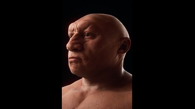 A headshot of a human with no hair against a black background