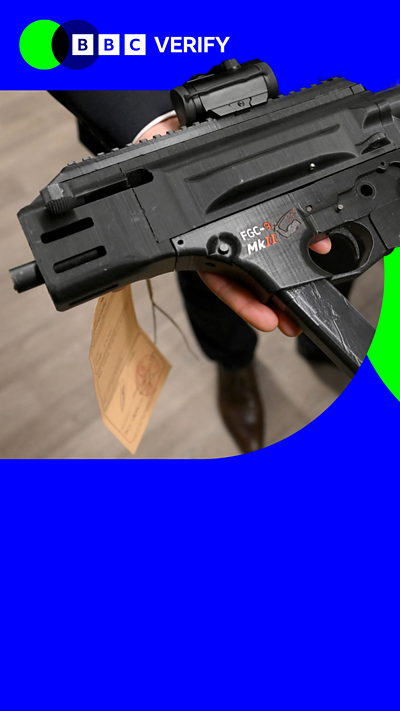 A composite image of a black 3D printed FGC-9 gun, accompanied by the BBC Verify logo.