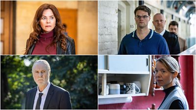 A composite image featuring on set shots of actors, Anna Friel (Anna Mitchell), Bobby Schofield (Joe), David Threlfall (Brian) and Anna Maxwell Martin (Katherine)