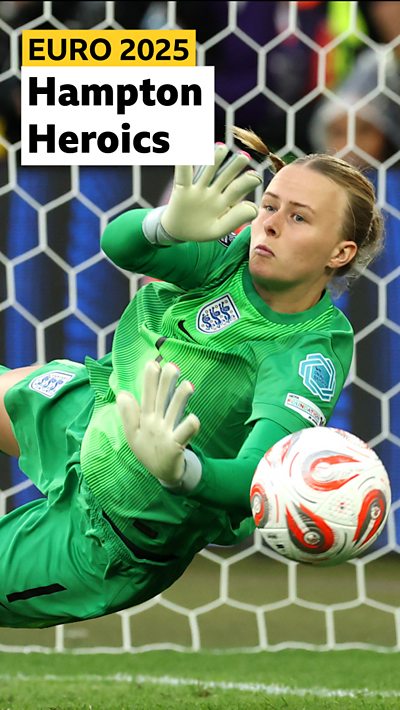 England's Hannah Hampton saves Spain's penalty in Euro 2025 final