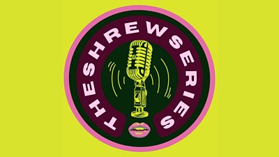 The shrew series' text wrapped inside a circle with a picture of a pair of lips and an old style microphone
