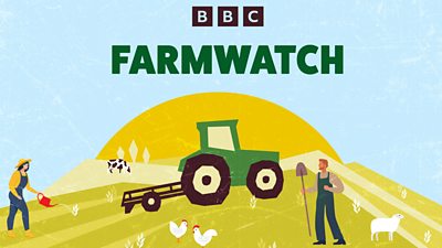 A drawing of a tractor ploughing a field surrounded by a male and female farmer, one holding a watering can and the other holding a spade. They are surrounded by farm animals - a cow, a sheep and chickens, with a huge sun behind them