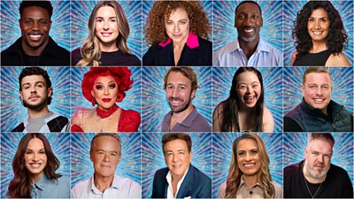 A composite image featuring headshots of the 15 celebrity contestants taking part in Strictly Come Dancing 2025