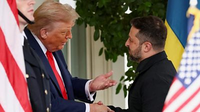 U.S. President Donald Trump shakes hands with Ukrainian President Volodymyr Zelensky at the White House