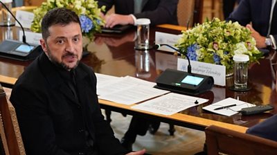 Ukrainian President Vlodimir Zelensky speaking