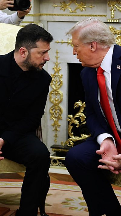 Zelensky and Trump look at each other close up.