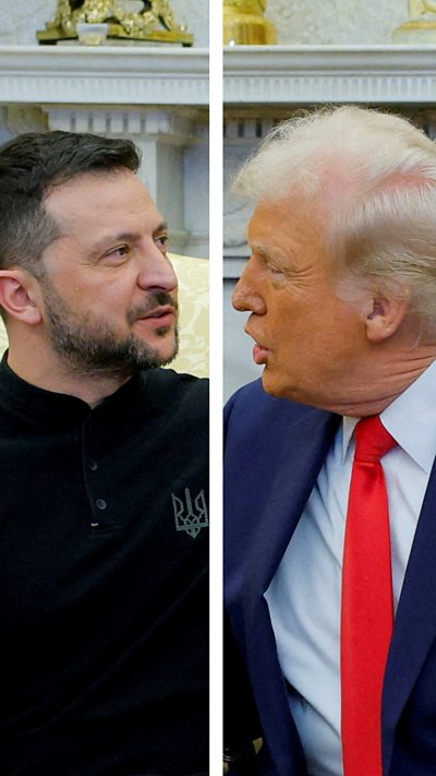 Donald Trump and Volodymyr Zelensky split screen image