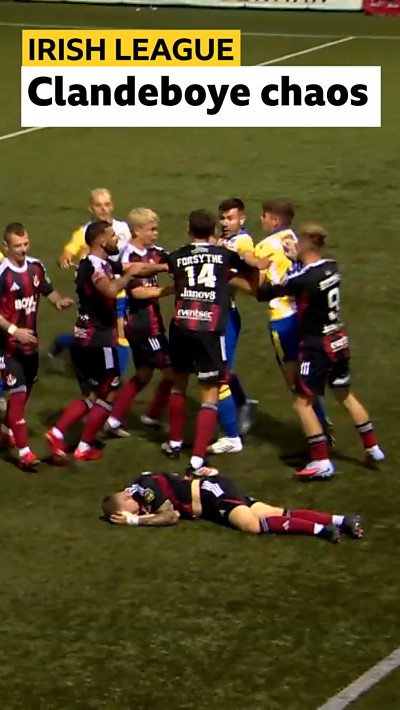Crusaders and Bangor players in a melee
