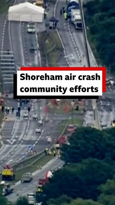 An aerial view of the aftermath of the plane crash at the Shoreham airshow.