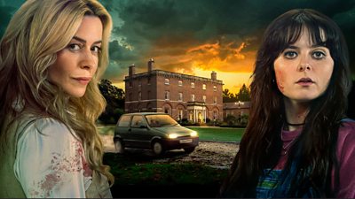 Two women stood either side of a very grand house, one is covered in blood.  There is a small old looking car speeding away from it.