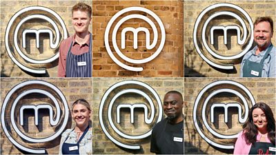 A collage image of 5 MasterChef contestants stood against an exposed brick wall, with the MasterChef logo behind them.