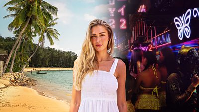 Zara McDermott stands in the centre of an image which is divided into two halves - one a beachy paradise and the other a dark night life scene with neon lights