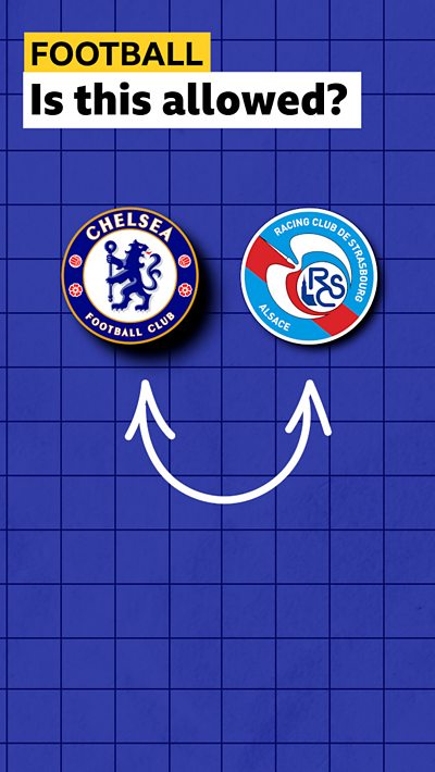 Chelsea badge and Strasbourg badge with an arrow
