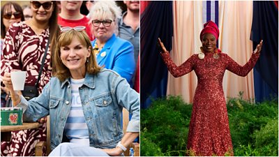 Left: Fiona Bruce holds a cup in her hand as she sits smiling at a table, surrounded by people. Right: Angélique Kidjo stands in a red dress with her hands raised