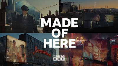 A collage of stills from the Made of Here film, showing BBC programmes projected on buildings in the tows they're made of