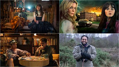 A collage of stills from Film Club, The Guest, Leonard and Hungry Paul, Hamza's Wild Isles