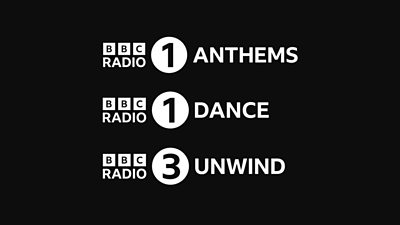Three logos on a black background. The logos are for ÃÛÑ¿´«Ã½ Radio 1 Anthems, ÃÛÑ¿´«Ã½ Radio 1 Dance, and ÃÛÑ¿´«Ã½ Radio 3 Unwind.