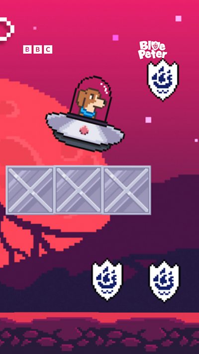 A cartoon Henry the dog in a UFO in space.