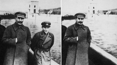 Two famous black and white photos - the version on the left shows Nikolai Yezhov standing with Joseph Stalin along the Volga Dam in April 1937. In the nearly identical version on the right, Yezhov is not there.