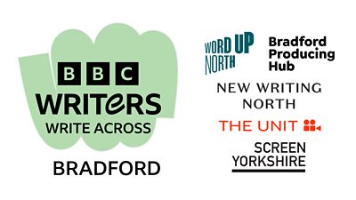 Write Across Bradford logo together with logos for the partner organisations: Word Up North, Bradford Producing Hub, New Writing North, The Unit, Screen Yorkshire