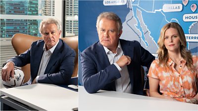 On the left, a man in a suit sits at a desk with his hand resting on a football. On the right, a man in a suit and a woman in a blouse sit behind a table looking serious.