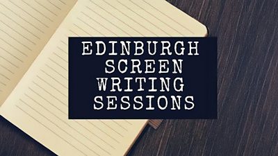 The text Edinburgh Screen Writing Sessions set over an image of an empty lined notebook