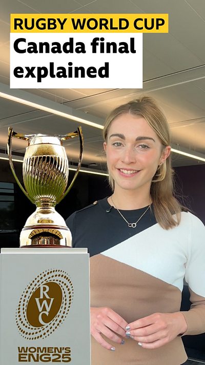 Digital presenter Emma Middleton and Womens rugby world cup trophy