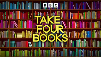 Artwork for Take Four Books. The title of the show appears in front of a cartoon of a large bookshelf.