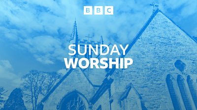 Sunday Worship is written in white against a blue backdrop, overlaid on a scene of a church