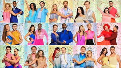 A collage of all the Strictly Come Dancing celebrities and their professional partners