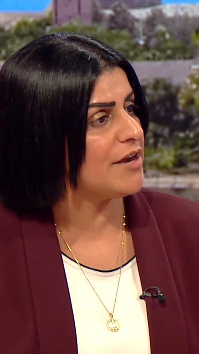 Shabana Mahmood wearing a white top and dark red blazer during in-studio interview for BBC Breakfast