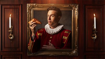 A man in a ruff and period dress stares out from a portrait with one hand reaching out through the frame, holding a croissant