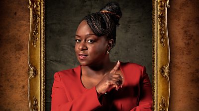 A woman in a red long sleeve dress looks to camera side on with a finger raised, a little knowing smile on her face and her braided hair piled atop her head in an up do. His portrait is set within a gilded frame.