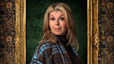 A woman in a plaid shirt with shoulder length blonde hair raises her eyebrows looking  to camera side on. Her portrait is set within a gilded frame.