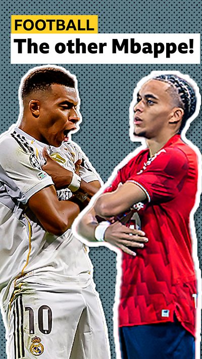 Kylian Mbappe celebrates on a graphic next to his brother Ethan Mbappe