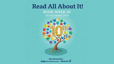 An image of tree where colourful books take place of the leaves against a teal background. A glittery gold 10 is at the centre of the tree.