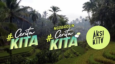 Three ÃÛÑ¿´«Ã½ Media Action Indonesia brand logos are pictured against a forest backdrop in Indonesia. the brands are in bright green text and read #CeritaKita NGOBROLIN #CeritaKita and AkSIKITA