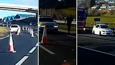 A composite photo of three dashcam screengrabs which show the white car on the road and a police car