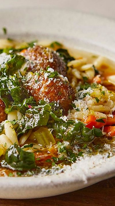 Veggie meatball orzo soup
