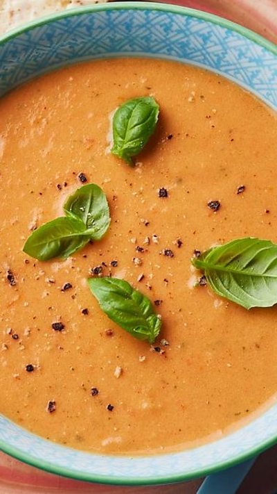 Sweet tomatoes blended with onion, garlic, basil and cream for a nostalgic bowl of soup.