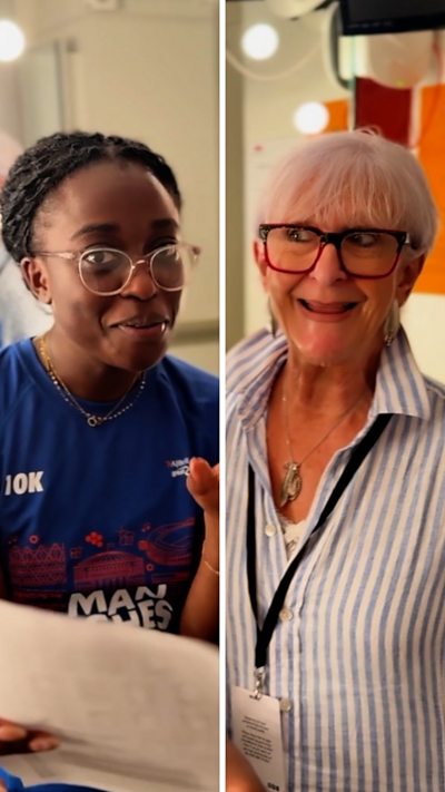 Split screen: Minah wearing glasses and a blue top, smiling, and Linda, looking to the side and smiling, wearing a stripy shirt